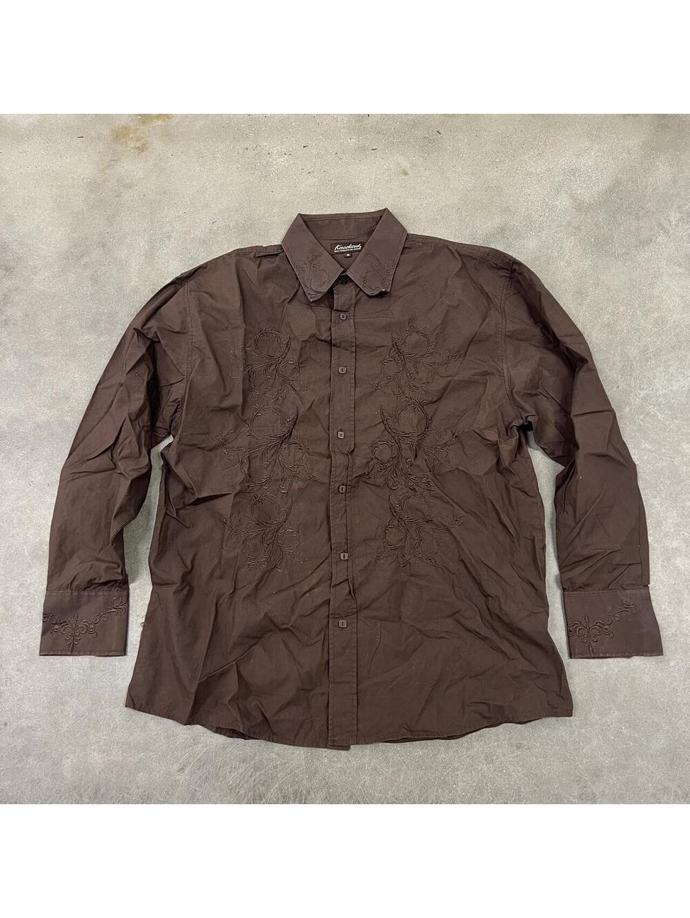 Y2K Knockout Brown Cotton Button Up Shirt with Embroidered Floral Design